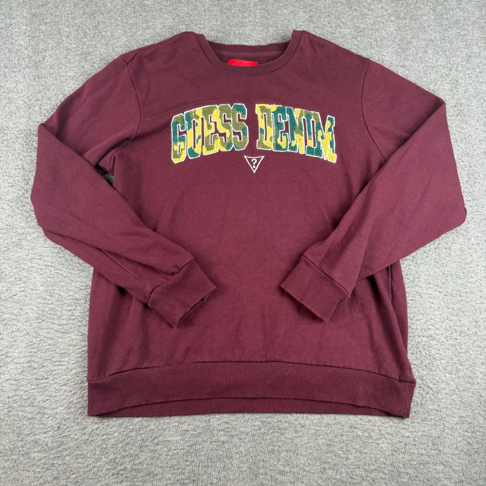 Guess Denim Sweatshirt Mens Large Burgundy Camo Chenille Logo S90Q11R9IH0